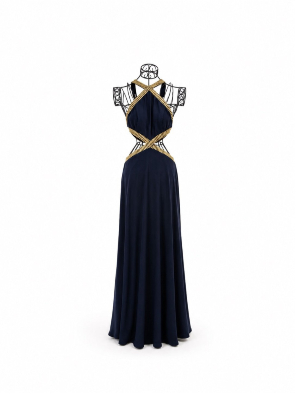 Joanna Chen Elegant Cut out padded beaded gown halter maxi dress navy blue gold